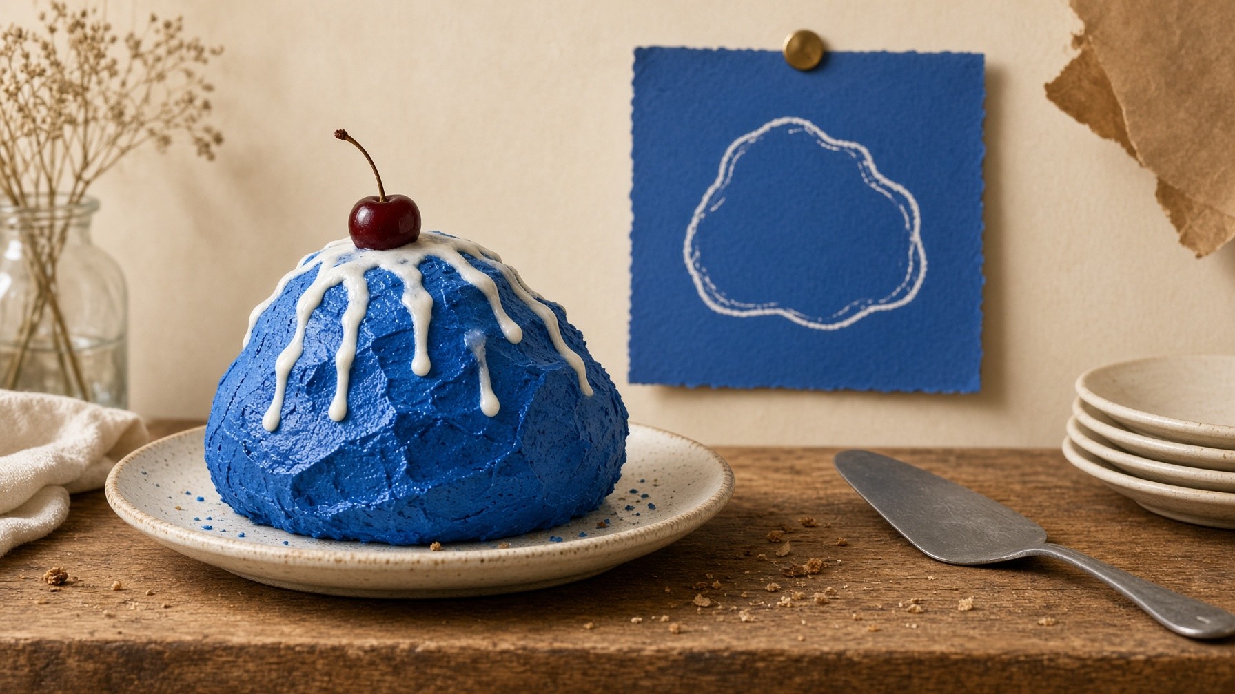 A blue blob cake on a bakery counter, with the original outline sketch pinned behind it