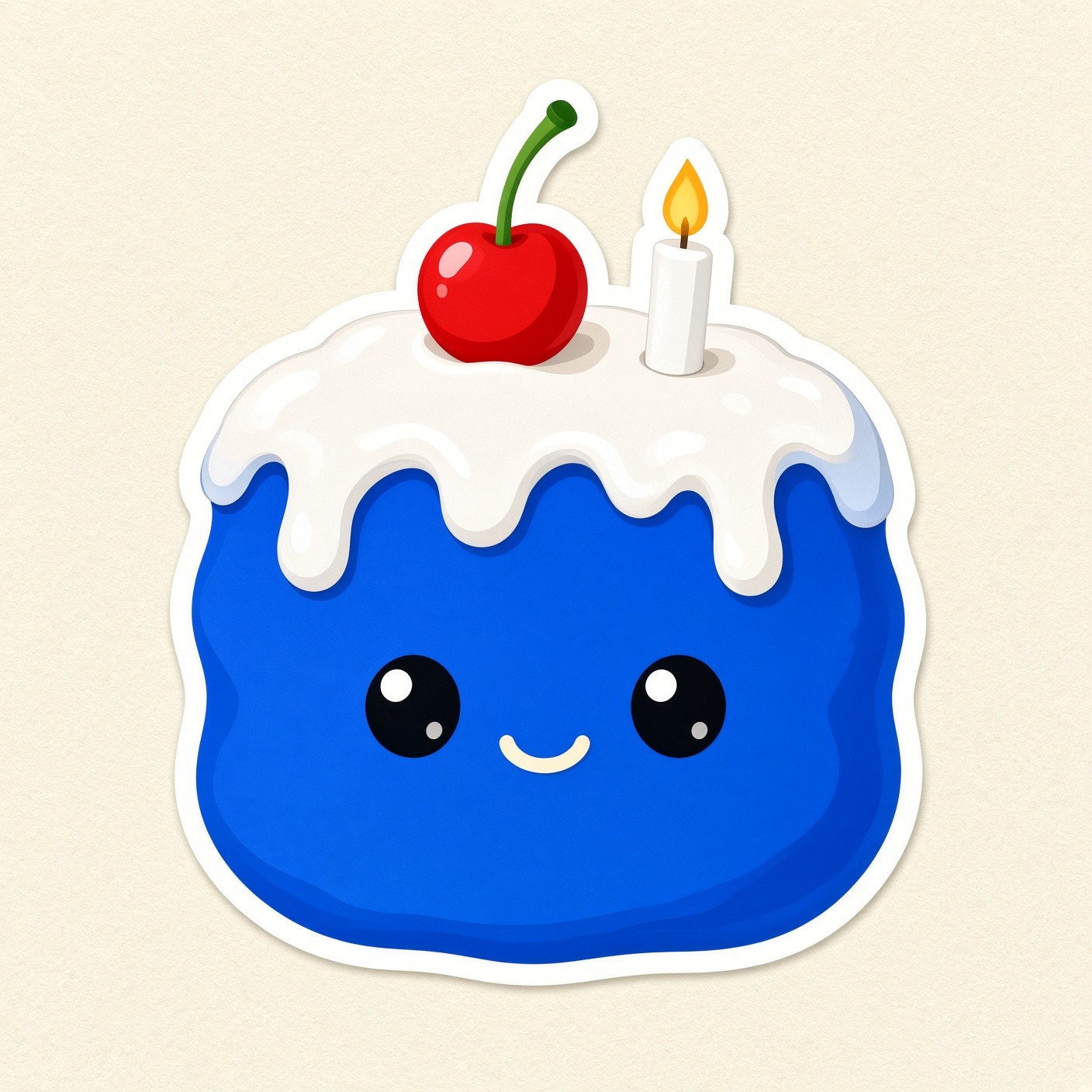 A round Base-blue cake with white frosting, a cherry, a smile, and a birthday candle