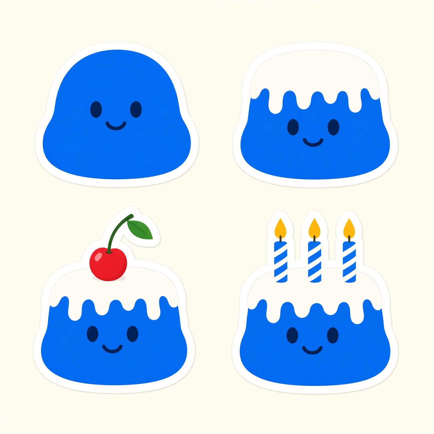 Four sticker finishes of the blue blob: plain, frosted, smiling with a cherry, and with birthday candles