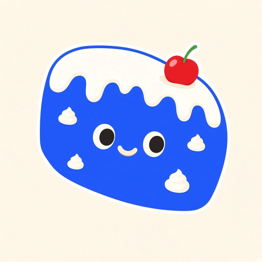 BaseCake mascot — a cobalt-blue blob cake with white frosting, a cherry, and a little smile